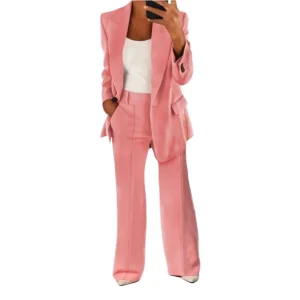 Ensemble blazer et pantalon coupe ample, couleur unie, poches décontractées