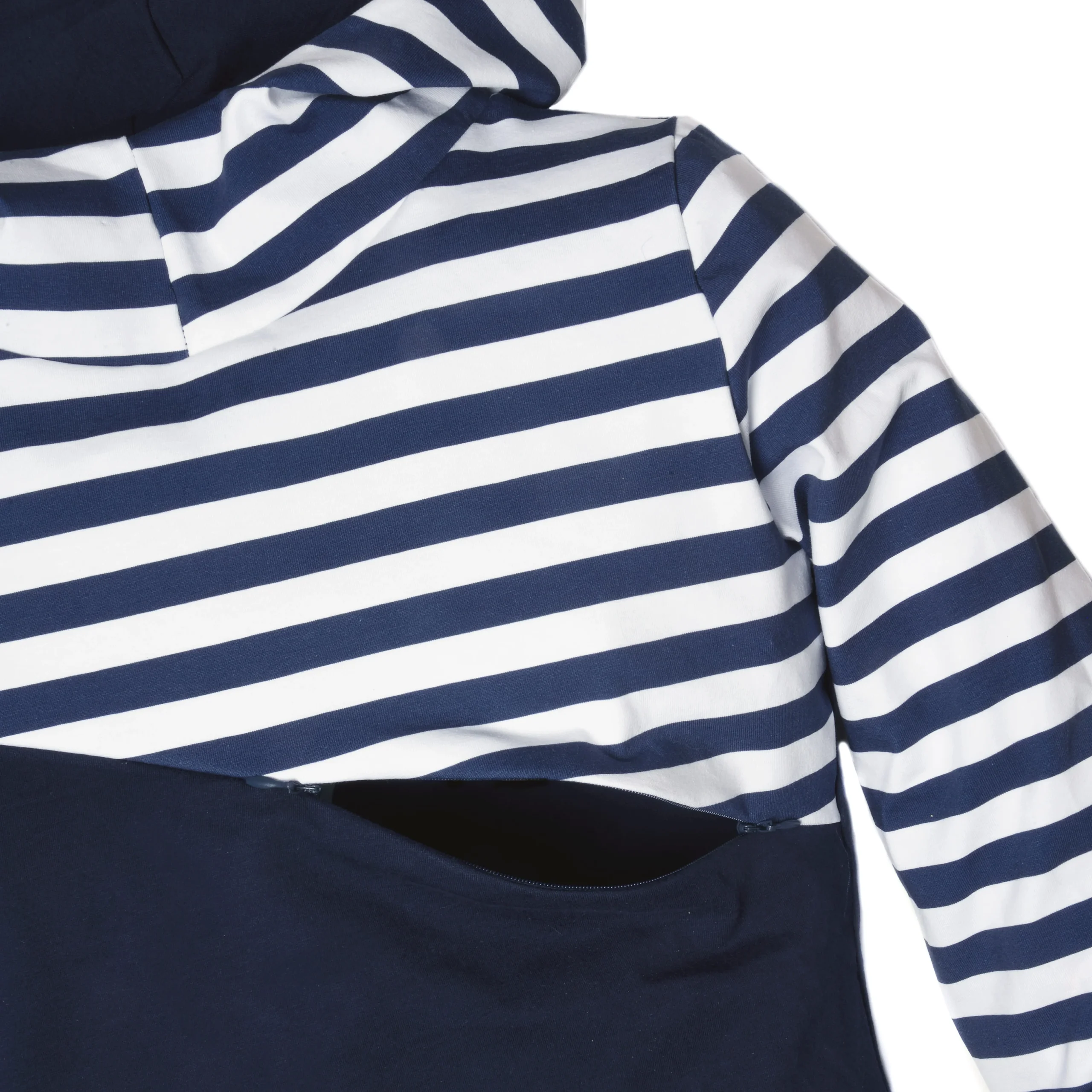 Hoodie de maternité et d'allaitement marine RAYÉ en coton biologique 3 en 1 (S uniquement) – Image 4