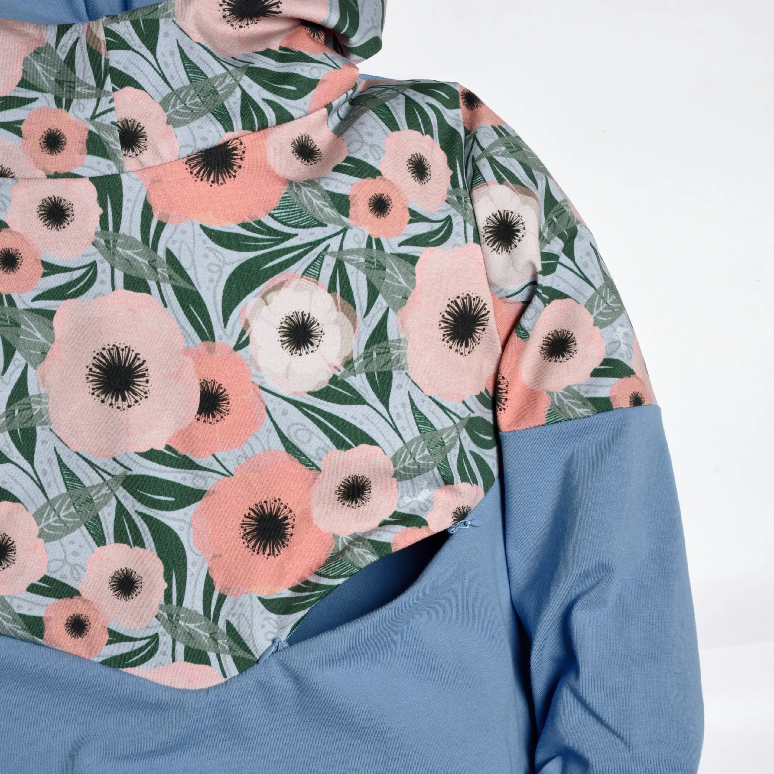 Hoodie de maternité et d'allaitement BLEU et fleurs CORAIL en coton biologique 3 en 1 – Image 8