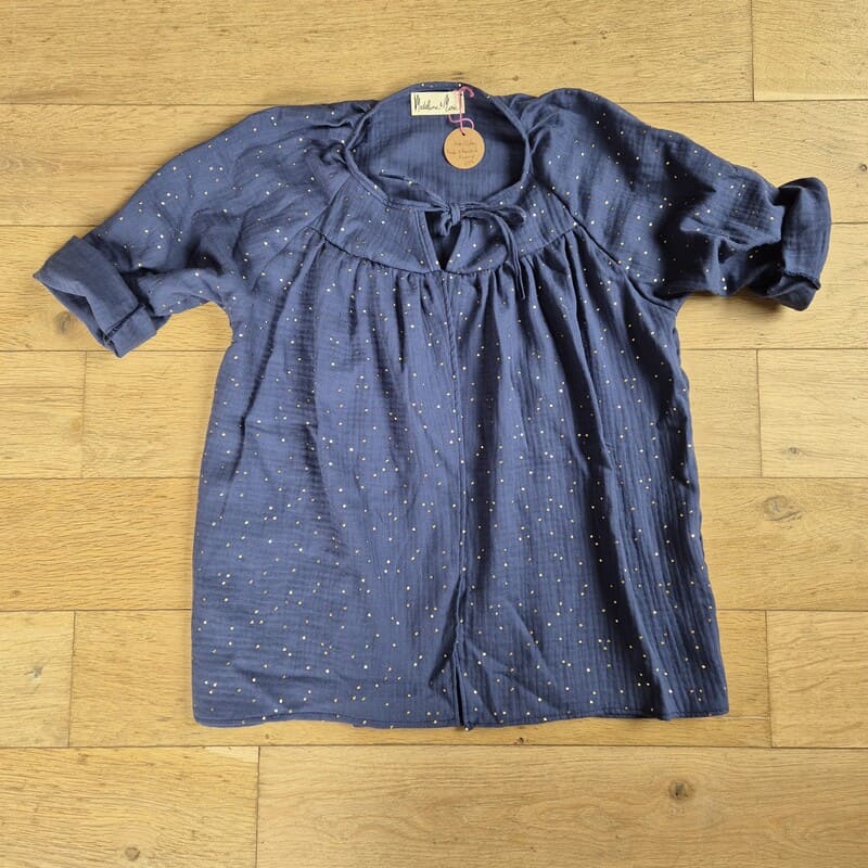 Blouse allaitement – gaze de coton Oekotex – bleu indigo pois dorés