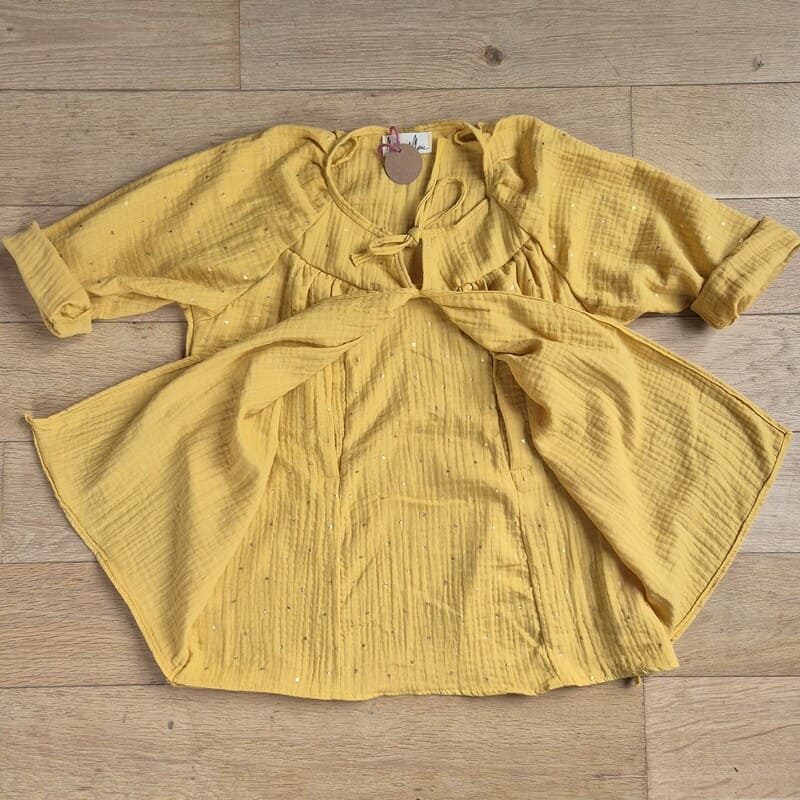 Blouse allaitement – double gaze de coton moutarde plumettes dorées – Image 3