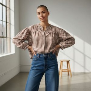 Blouse grossesse et allaitement coton – petits carreaux beige et blancs