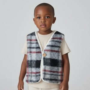 Gilet de berger réversible bébé lainage carreaux rouges – dernières tailles 6 mois et 24 mois